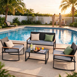 Lofka Outdoor Conversation Set 4 Piece PE Rattan Patio Furniture Set with Rocking Chairs, Loveseat & Glass Coffee Table, Gray Cushions for Backyard Deck Porch
