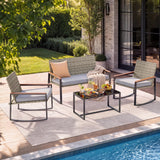 Lofka Outdoor Conversation Set 4 Piece PE Rattan Patio Furniture Set with Rocking Chairs, Loveseat & Glass Coffee Table, Light Gray Cushions for Backyard Deck Porch