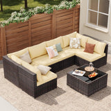 Lofka Patio Furniture Set 7-Piece Outdoor Seating Sofa Set with Glass Coffee Table, Beige