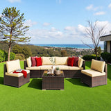 Lofka Patio Furniture Set, Outdoor Sectional Furniture Sofa Set with Tempered Glass Table for Garden|Backyard|Poolside, Beige Cushions