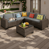 Outdoor Furniture Set, Lofka 6-Piece Patio Conversation Set with PE Sectional Sofa and Tempered Glass Table, Gray