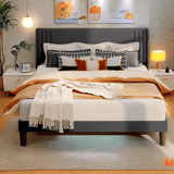 Lofka Queen Bed Frame Upholstered Wingback Headboard, Camas Queen Size, Metal Frame and Wooden Slats, 850lbs, Dark Gray