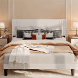Lofka Queen Bed Frame Wingback Headboard, Camas Queen Size, Metal Frame and Wooden Slats, 850lbs, White