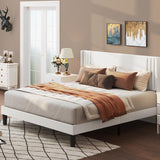 Lofka Queen Bed Frame with Wingback Headboard, Upholstered Platform Bed with Modern Geometric Headboard, Wooden Slats, Noise-Free/No Box Spring Needed/Easy Assembly, White