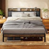 Queen Size Bed Frame with Upholstered Storage Headboard and Wooden Footboard, Under-bed Storage and Noise Free Design, Gray Finish
