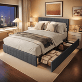 Lofka Queen Bed Frame with 4 Storage Drawers, Upholstered Platform Bed with Adjustable Headboard, Dark Gray