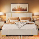 Lofka Queen Bed Frame with Upholstered Headboard, Camas Queen Size, Metal Frame and Wooden Slats, Beige