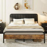 Lofka Queen Bed Frame with Upholstered Headboard and Wooden Footboard with Metal Slats, Black Finish