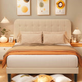Lofka Queen Bed Frame with Upholstered Headboard - Beige Fabric, Modern Bedroom Furniture