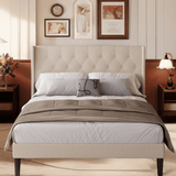 Lofka Queen Bed Frame with Wingback Headboard, Metal Bed Frame with Wooden Slats, Under Bed Storage, Beige