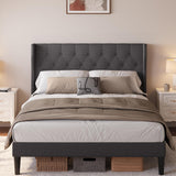 Lofka Queen Bed Frame with Wingback Headboard, Metal Bed Frame with Wooden Slats, Under Bed Storage, Dark Gray