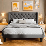 Lofka Queen Size Bed Frame with Upholstered Wing Back Headboard for Bedroom, Dark Gray Finish