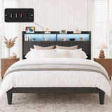 Queen Size Bed Frame with Upholstered Storage Headboard, Lofka Bed Frame with Charging Station, 850lbs, Dark Gray Finish