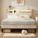 Lofka Queen Size Bed Frame with 60,000 RGB LED Lights and Charging Station, Upholstered Storage Headboard with Sturdy Center Bar, 850LBS, Beige Finish