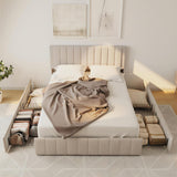 Lofka Platform Bed Frame with Adjustable Upholstered Headboard and Storage Drawers, Beige