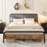 Lofka Queen Bed Frame with Upholstered Headboard and Wooden Footboard with Metal Slats, Black Finish