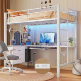 Lofka Twin Loft Bed with L-Shaped Desk, RGB Lights & Charging Station, 400lb Capacity Metal Frame, 3 Shelves & 2 Drawers, Easy Assembly，White