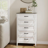 Lofka 5-Drawer Dresser for Bedroom, 45" Tall Farmhouse Rustic White Wood Chest with Wide Metal Handles - Bedroom Organizer - Gray Desktop