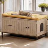 Lofka Wooden Cat House, 43.31" L Litter Box Furniture Hidden with Barn Door, Fit Most of Litter Box, Greige