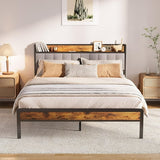 Queen-size Bed Frame, Lofka Queen Bed Frame with Headboard and Storage Shelves ,Sturdy and Stable, No Box Spring Needed, Light Gray