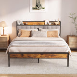 Lofka metal thicker and thickened queen-size bed frame, sturdy and stable, easy to install, light gray headboard, with storage shelves