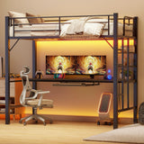 Loft Twin Bed Frame with Desk, Lofka Metal Bed Frame with Stairs & Full-Length Guardrail, Black