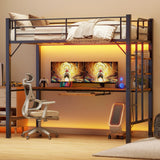 Loft Twin Bed Frame with Desk, Lofka Metal Bed Frame with Stairs & Full-Length Guardrail, Retro Brown