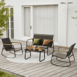 Lofka 4 PCS Patio Rocking Chairs Set, Outdoor Furniture Set with Cool Textile and Tempered Glass Table for Backyard, Black