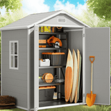 Outdoor Storage Shed 6x4 FT, Lofka Resin Garden Shed with Floor, Window & Lockable Door for Backyard, Patio, Lawn, Gray