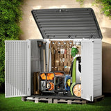 Outdoor Storage Shed, Lofka Resin Outdoor Storage Box, 38 Cu.ft Capacity for Bike, Garbage Cans, Lawn Mower, Garden Tools