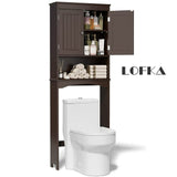 Over the Toilet Storage, Bathroom Storage Cabinet with Adjustable Shelf, Double Doors, and Open Shelf, Dark Brown