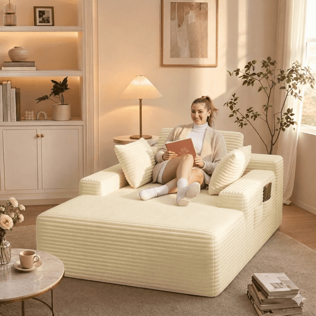 Asofer Oversized Chaise Lounge Chair Indoor Furniture, No Assembly Required, Corduroy Plush Sofa Bed for Living Room,Beige