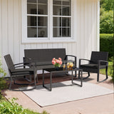 4 Piece Patio Furniture Set with Outdoor Rocking Chairs, PE Rattan Loveseat & Glass Bistro Coffee Table, Modern Outdoor Conversation Set for Backyard, Porch, Balcony, Poolside, Black
