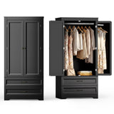 Asofer 5 - Piece Bedroom Furniture Sets - Includes Queen Size Bed Frame with Headboard, 2 Nightstands with Charge Station, 6-Wide Drawer Dresser & Armoire Wardrobe, Black