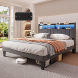 Asofer Queen Bed Frame with,Modern Upholstered Platform Bed with USB Charging Ports Headboard,No Box Spring Needed, Dark Gray
