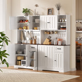 71" Farmhouse Kitchen Pantry Storage Cabinet, Modern Coffee Hutch with Doors, Shelves & Microwave Stand, Cupboard for Dining Room - White+Retro