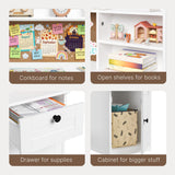 Asofer Kids Study Desk with Drawer and Cabinet, Writing Table with 3 Open Selves & Corkboard for Notes, White