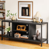Mid-Century Wooden TV Stand for TVs up to 65" with Open Storage Shelves and Metal Frame - Black