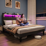 Asofer Queen Bed Frame with,Modern Upholstered Platform Bed with USB Charging Ports Headboard,No Box Spring Needed, Dark Gray