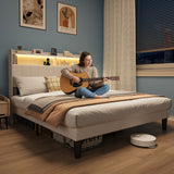 Asofer Full Bed Frame, Modern Upholstered Storage Platform Headboard with USB Charging,Beige