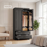 Asofer 5 - Piece Bedroom Furniture Sets - Includes Queen Size Bed Frame with Headboard, 2 Nightstands with Charge Station, 6-Wide Drawer Dresser & Armoire Wardrobe, Black