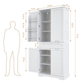 Noelse 71" Tall Kitchen Pantry Storage Cabinet with Doors and 10 Shelves, Wooden Food Storage Cabinet with Large Drawer for Dining Room and Craft Room, White