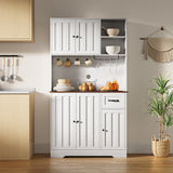 71" Farmhouse Kitchen Pantry Storage Cabinet, Modern Coffee Hutch with Doors, Shelves & Microwave Stand, Cupboard for Dining Room - White+Retro