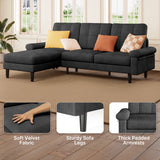Asofer 82" Sofa Couch, L Shaped Convertible Sectional Sofa with Soft Velvet, Modern Couches for Living Room Apartment Office, Black