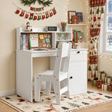 Asofer Kids Study Desk with Drawer and Cabinet, Writing Table with 3 Open Selves & Corkboard for Notes, White