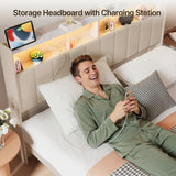Asofer Full Bed Frame, Modern Upholstered Storage Platform Headboard with USB Charging,Beige