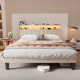 Asofer Full Bed Frame, Modern Upholstered Storage Platform Headboard with USB Charging,Beige