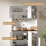 71" Farmhouse Kitchen Pantry Storage Cabinet, Modern Coffee Hutch with Doors, Shelves & Microwave Stand, Cupboard for Dining Room - White+Retro