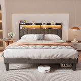 Asofer Queen Bed Frame with,Modern Upholstered Platform Bed with USB Charging Ports Headboard,No Box Spring Needed, Dark Gray