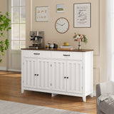 55" Farmhouse Buffet Sideboard for Kitchen, 2 Drawers & 4 Doors Wood Storage Cabinet for Living Room - White+Retro